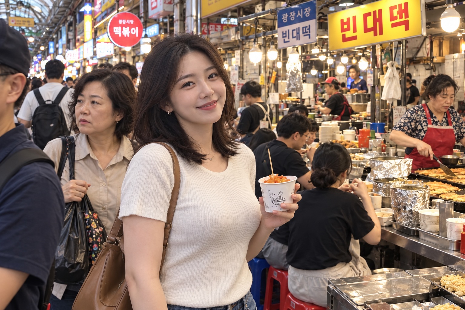 AI-generated travel photo in a crowded Korean market, with a woman traveler, passing shoppers and food vendors